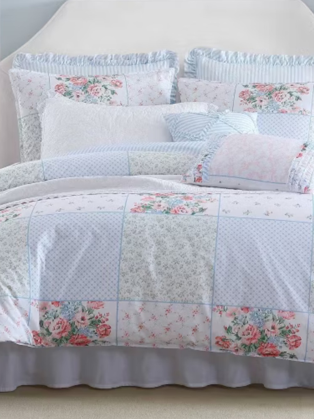 Laura Ashley Cotton 2 Piece Comforter & Pillow case Set, Pink, Twin, Display bed